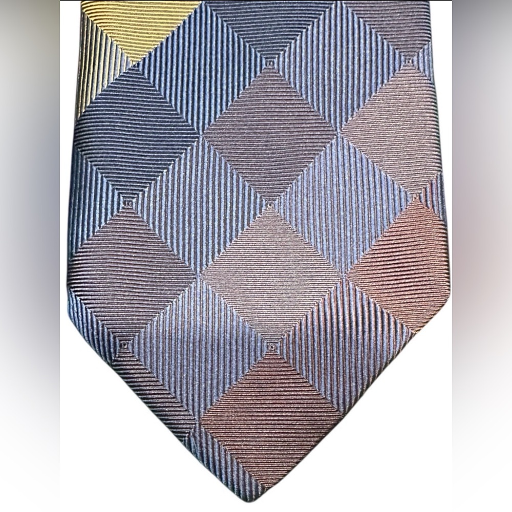 Today’s Man 100% Silk Tie Italian Fabric Geometric Plaid Blue Gold 3.25” Vintage